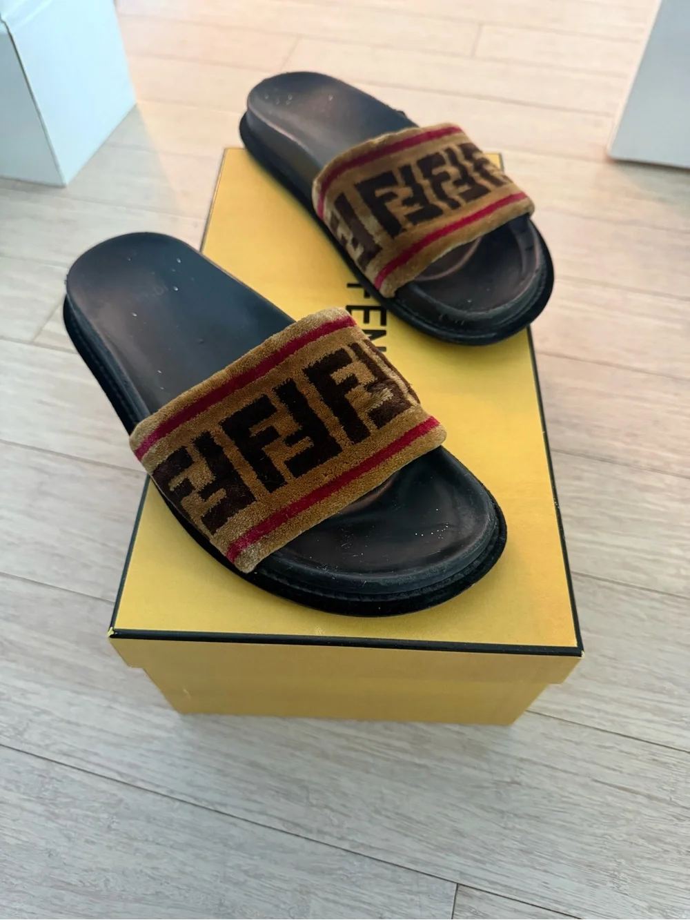 Fendi Brown Velvet FF Logo Slide Sandals with Red Stripe